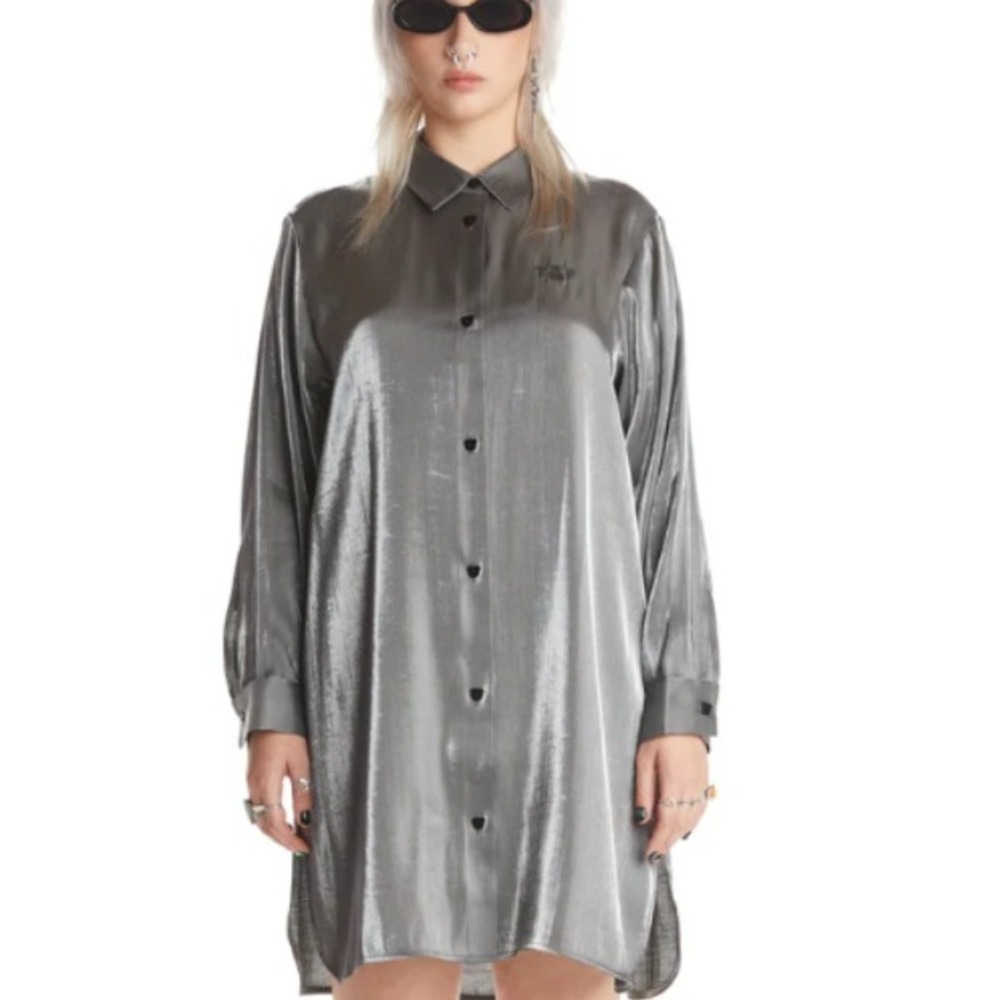 Teddy Fresh Metallic Silver Button Down Shirt Dress Long Sleeve S/M Iridescent